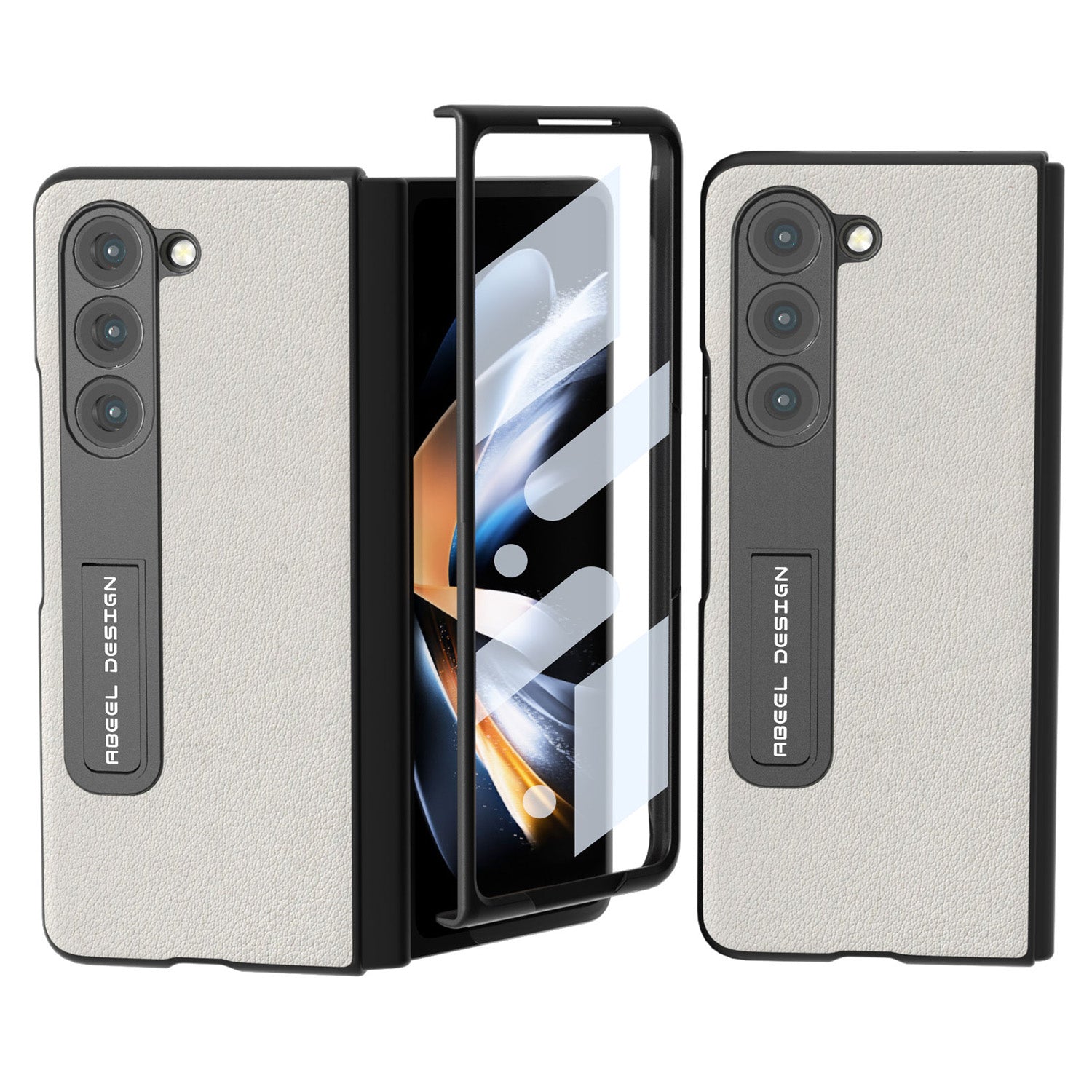 ABEEL For Samsung Galaxy Z Fold5 5G Texture Genuine Cow Leather PC Phone Case Kickstand Protective Cover with Front Screen Film ABEEL For Samsung Galaxy Z Fold5 5G Texture Genuine Cow Leather PC Phone Case Kickstand Protective Cover with Front Screen Film